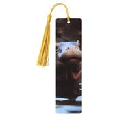 Marque-pages en bois Baby Hippopotame pour les amateurs de livres, fait à la main avec pompons colorés, marqueurs de page imprimés double face, accessoires de livre artistique, cadeau pour homme et