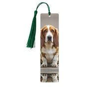 Marque-pages en bois Basset Hound avec pompons vert foncé, faits à la main, imprimés recto verso, accessoires de livre, cadeau pour les amoureux des livres, femmes et hommes
