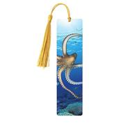 Marque-pages en bois de biologie marine pour les amateurs de livres, fait à la main avec pompons colorés, marque-page imprimés double face, accessoires de livre artistique, cadeau pour homme et femme