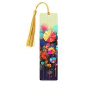 Marque-pages en bois de style abstrait avec fleurs colorées pour les amateurs de livres, marque-page fait à la main avec pompons colorés imprimés double face, accessoires de livre artistique, cadeau