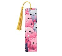 Marque-pages en bois en forme de chat rose pour les amateurs de livres, fait à la main avec pompons colorés, marque-page imprimés double face, accessoires de livre artistique, cadeau pour homme et