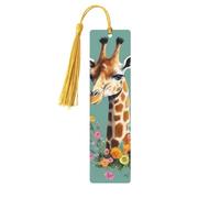 Marque-pages en bois en forme de girafe avec fleurs pour les amateurs de livres, fait à la main avec pompons colorés, marqueurs de page imprimés double face, accessoires de livre artistique, cadeau