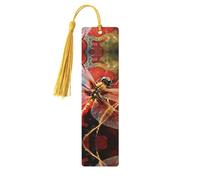 Marque-pages en bois en forme de libellule rouge pour les amateurs de livres, fait à la main avec pompons colorés, marque-page imprimés double face, accessoires de livre artistique, cadeau pour homme