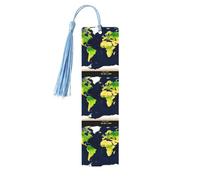 Marque-pages en bois imprimé carte du monde avec pompons, marqueurs de livre en bois pour les amateurs de livres, les enseignants et les cadeaux