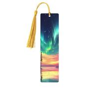 Marque-pages en bois imprimé double face avec motif forêt d'aurore, motif lac étoilé, accessoires de livre artistique, cadeaux d'anniversaire pour hommes et femmes, pour les amateurs de livres