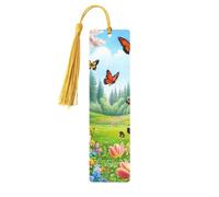 Marque-pages en bois imprimé double face avec papillons et oiseaux dans la prairie printanière, accessoires de livre artistique, cadeaux d'anniversaire pour hommes et femmes, pour les amateurs de