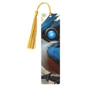 Marque-pages en bois imprimé double face en forme d'oiseau mécanique bleu, accessoires de livre artistique, cadeaux d'anniversaire pour hommes et femmes, cadeaux pour les amateurs de livres