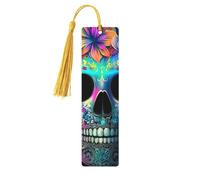 Marque-pages en bois imprimé double face motif tête de mort et fleur, accessoires de livre artistique, cadeaux d'anniversaire pour hommes et femmes, cadeaux pour les amateurs de livres