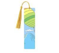 Marque-pages en bois imprimé en forme de montgolfière, ciel bleu et nuages blancs - Illustration double face unique - Accessoires de livre artistique - Cadeaux d'anniversaire pour homme et femme