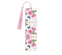 Marque-pages en bois imprimé jardin avec oiseau et fleur avec pompon pour lecteurs et amateurs de livres - Cadeaux artistiques faits à la main pour enseignants, collègues, décoration de bureau.