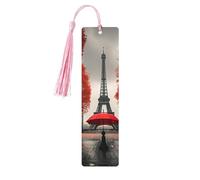 Marque-pages en bois imprimé Tour Eiffel avec parapluie rouge - Accessoires pour homme et femme - Pour les amateurs de livres