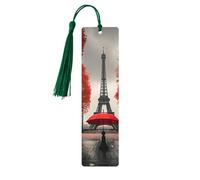 Marque-pages en bois imprimé Tour Eiffel avec parapluie rouge - Accessoires pour homme et femme - Pour les amateurs de livres