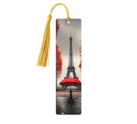 Marque-pages en bois imprimé Tour Eiffel avec parapluie rouge - Accessoires pour homme et femme - Pour les amateurs de livres