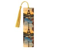 Marque-pages en bois imprimé Tour Eiffel Paris automne avec pompons, marqueurs de livre en bois pour les amateurs de livres, les enseignants et les cadeaux
