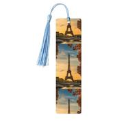 Marque-pages en bois imprimé Tour Eiffel Paris automne avec pompons, marqueurs de livre en bois pour les amateurs de livres, les enseignants et les cadeaux