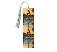 Marque-pages en bois imprimé Tour Eiffel Paris automne avec pompons, marqueurs de livre en bois pour les amateurs de livres, les enseignants et les cadeaux