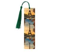 Marque-pages en bois imprimé Tour Eiffel Paris automne avec pompons, marqueurs de livre en bois pour les amateurs de livres, les enseignants et les cadeaux