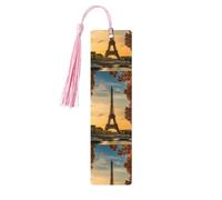 Marque-pages en bois imprimé Tour Eiffel Paris automne avec pompons, marqueurs de livre en bois pour les amateurs de livres, les enseignants et les cadeaux