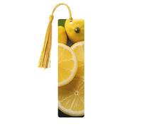 Marque-pages en bois jaune citron pour les amateurs de livres, fait à la main avec pompons colorés, marque-page imprimés double face, accessoires de livre artistique, cadeau pour homme et femme