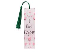 Marque-pages en bois « Je t’aime maman » imprimés recto-verso, avec pompon vert foncé et motif cœurs roses. Légers et pratiques, ils constituent des accessoires de lecture.