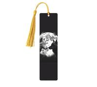 Marque-pages en bois motif loups Love Under The Moon pour les amateurs de livres, fait à la main avec pompons colorés, marqueurs de page imprimés double face, accessoires de livre artistique, cadeau