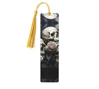 Marque-pages en bois noir et blanc avec fleurs et tête de mort pour les amateurs de livres, marque-page fait à la main avec pompons colorés, marque-page imprimés double face, accessoires de livre