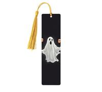 Marque-pages en bois noir et fantôme d'Halloween pour les amateurs de livres, marque-page fait à la main avec pompons colorés imprimés double face, accessoires de livre artistique, cadeau pour homme