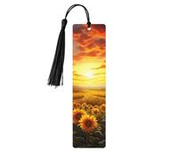 Marque-pages en bois pour homme et femme - Fait à la main - Ornements avec pompons - Marque-page vintage en bois - Coucher de soleil onirique d'un champ de tournesol - Étiquettes à suspendre