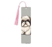 Marque-pages en bois pour homme et femme - Fait à la main - Ornements avec pompons - Marque-page vintage en bois Shih Tzu - Étiquettes à suspendre - Marqueurs de page de lecture pour les amateurs de