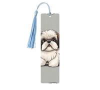 Marque-pages en bois pour homme et femme - Fait à la main - Ornements avec pompons - Marque-page vintage en bois Shih Tzu - Étiquettes à suspendre - Marqueurs de page de lecture pour les amateurs de