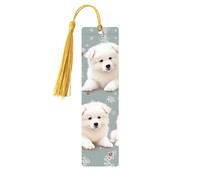 Marque-pages en bois pour homme et femme - Fait à la main - Ornements avec pompons - Marque-pages vintage en bois - Motif petits chiens blancs - Étiquettes en bois à suspendre - Marqueurs de page de