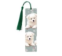 Marque-pages en bois pour homme et femme - Fait à la main - Ornements avec pompons - Marque-pages vintage en bois - Motif petits chiens blancs - Étiquettes en bois à suspendre - Marqueurs de page de