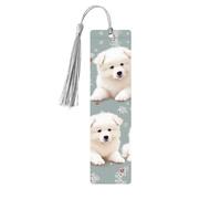Marque-pages en bois pour homme et femme - Fait à la main - Ornements avec pompons - Marque-pages vintage en bois - Motif petits chiens blancs - Étiquettes en bois à suspendre - Marqueurs de page de