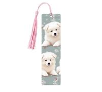 Marque-pages en bois pour homme et femme - Fait à la main - Ornements avec pompons - Marque-pages vintage en bois - Motif petits chiens blancs - Étiquettes en bois à suspendre - Marqueurs de page de