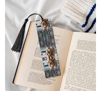 Marque-pages en bois pour les amateurs de livres, fait à la main avec pompons noirs, cerf dans la forêt d'hiver, accessoires de livre artistique, cadeau pour homme et femme