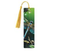 Marque-pages en bois vert libellule pour les amateurs de livres, fait à la main avec pompons colorés, marque-page imprimés double face, accessoires de livre artistique, cadeau pour homme et femme