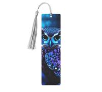 Marque-pages en métal fait à la main en forme de hibou bleu imprimé double face avec pompons gris Accessoires de livre Cadeau pour les amateurs de livres pour femmes et hommes