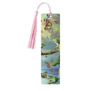 Marque-pages en métal imprimé de nombreuses grenouilles chantant sur les branches et papillons d'été pour femme - Cadeau idéal pour les amateurs de livres Rose
