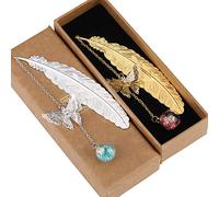 Marque-pages en plumes, Rluobo 2pcs marque-page en métal 3D papillon en plumes (or + argent) pendentif en perles de fleurs séchées pour lecteurs, enseignants, femmes, maman, amis