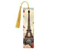 Marque-pages vintage en bois à motif floral de Paris pour les amateurs de livres, fait à la main avec pompons colorés, marqueurs de page imprimés double face, accessoires de livre artistique, cadeau