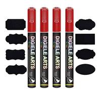 Marqueur Craie Rouge, DIGIELE 4 Pièce Feutre Craie Liquide Rouge 3mm + 16 Etiquettes Tableau, Effaçage par Chiffon Humide ou Sec, Pointe Réversible Ogive ou Biseau Marqueurs pour Tableau/Fenêtre/Verre