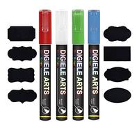 Marqueur Craie - Rouge, Vert, Bleu & Blanc, DIGIELE 4 Feutre Craie Liquide 3mm+16 Etiquettes Tableau, Effaçage par Humide ou Sec, Pointe Réversible Ogive ou Biseau Marqueurs pour Tableau/Fenêtre/Verre