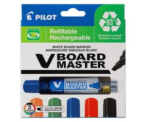 Marqueur effaçable rechargeable Pilot V-Board Master Begreen pointe biseautée 6 mm - Pochette de 5 couleurs assorties