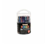 POSCA - Uni Mitsubishi Pencil - Pot Spécial Loisirs Créatifs - Pack XL - 26 Marqueurs - 2 Tailles de Pointes PC3M et PC5M - 6 Pointes de Rechange Incluses - Couleurs Métallisées et Pailletées