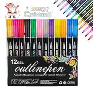 Marqueur pour Surligner, 12/24 Couleurs, Marqueurs de Contour, Marqueurs de Peinture Acrylique Scintillants À Double Ligne, Stylos À Paillettes pour Loisirs Créatifs, Cartes Vœux Noël, Métal(12)