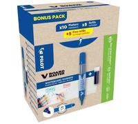 PILOT - Lot de 10 V-Board Master + 10 Recharges - Marqueurs Tableau Blanc Effaçable à Sec - Marqueur Rechargeable à Encre Liquide Couleurs Intenses - Begreen - Bleu - Pointe Moyenne