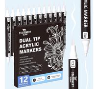 Marqueurs Acryliques Blancs - 12 Stylos Acrylique Double Pointe Fine & Pinceau - Feutres Acrylique Peinture À Base D¿Eau Pour Pierre, Verre, Bois, Céramique, Métal, Tissu Et Plus