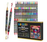 Marqueurs de couleur - 60 crayons d'art avec deux conseils avec pinceau et pointes fines - Kit de marqueurs pour tissu, papier en bois, journaling crafting peinture, dessin de bureau et fournitures