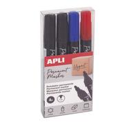APLI Marqueurs permanents 19685-4 — Pointe ronde 3 mm, multi-surfaces, 2 noirs, 1 bleu, 1 rouge