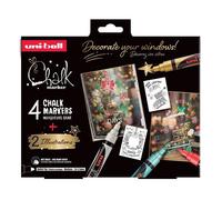 Uni-Ball 186831 - Set de marqueurs craie Xmas trad, 4 marqueurs avec 2 pochoirs, UNI CHALK MARKER, crayons craie pour fenêtres
